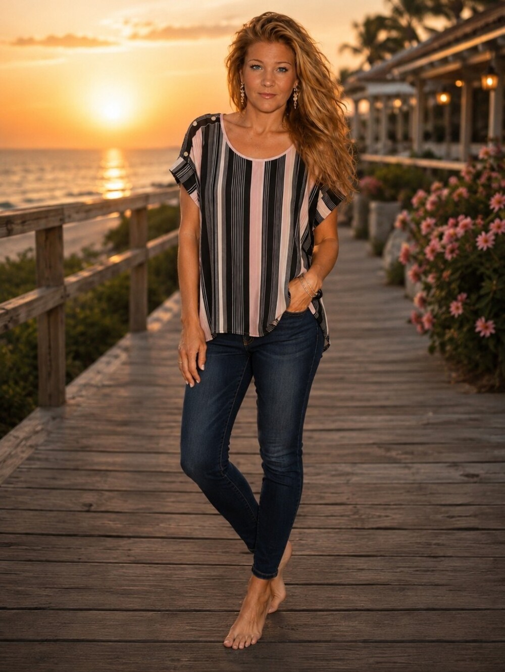AUW Vertical Stripe Button-Shoulder Blouse in Black and Blush